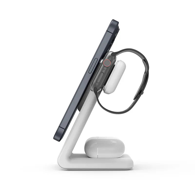 Crong MagSpot Pivot Stand - 3-in-1 belaidis įkroviklis su MagSafe skirta iPhone, Apple Watch ir AirPods (baltas)