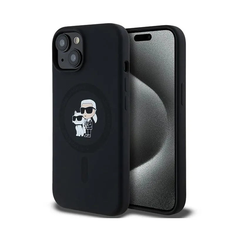 Karl Lagerfeld Silicone Karl & Choupette MagSafe – dėklas, skirtas iPhone 15 Plus / 14 Plus (juodas)