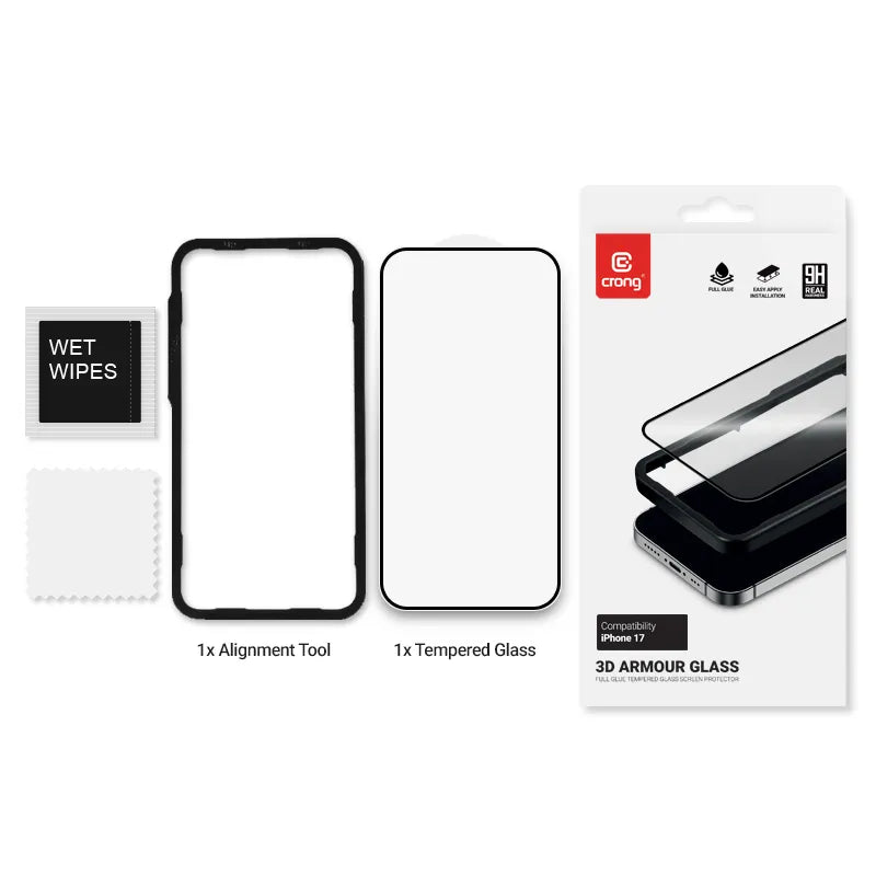 Crong 3D Armor Glass – Grūdintas stiklas iPhone 17 + montavimo rėmelis