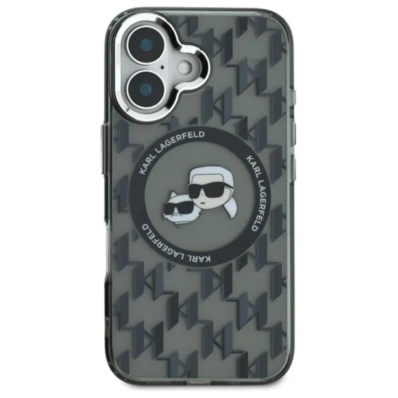 Karl Lagerfeld IML Monogram Karl & Choupette Head MagSafe – dėklas, skirtas iPhone 16 (juodas)