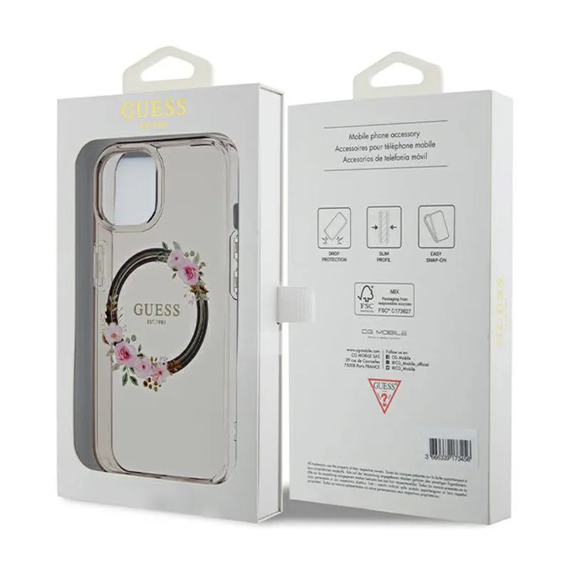 Guess IML Flowers Wreath MagSafe – dėklas iPhone 15 (juodas)