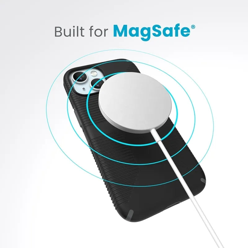 Speck Candyshell Grip MagSafe – dėklas, skirtas iPhone 17e / 16e / 15 / 14 / 13 (juodas / skalūno pilkas)