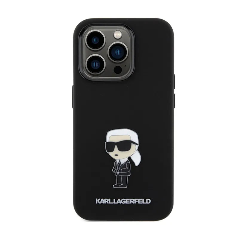 Karl Lagerfeld Silicone Ikonik Metal Pin - dėklas telefonui iPhone 15 Pro (juodas)
