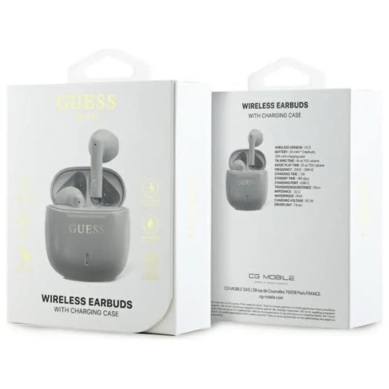 Guess Printed Classic Logo – Bluetooth TWS ausinės + įkrovimo dėklas (pilkos)