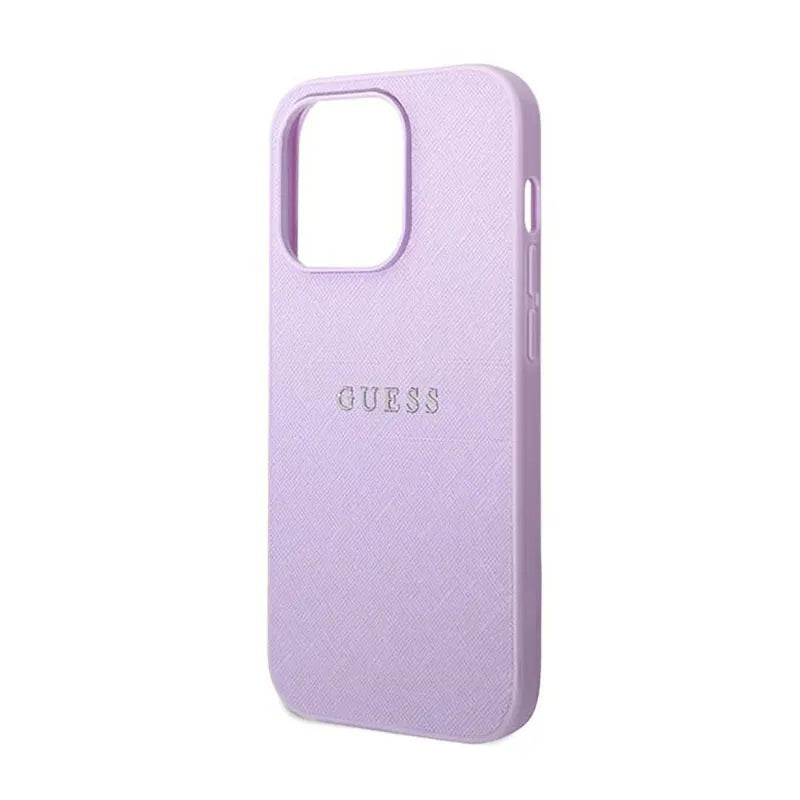 Guess Saffiano Metal Logo Stripes – dėklas, skirtas iPhone 14 Pro (alyvinės spalvos)