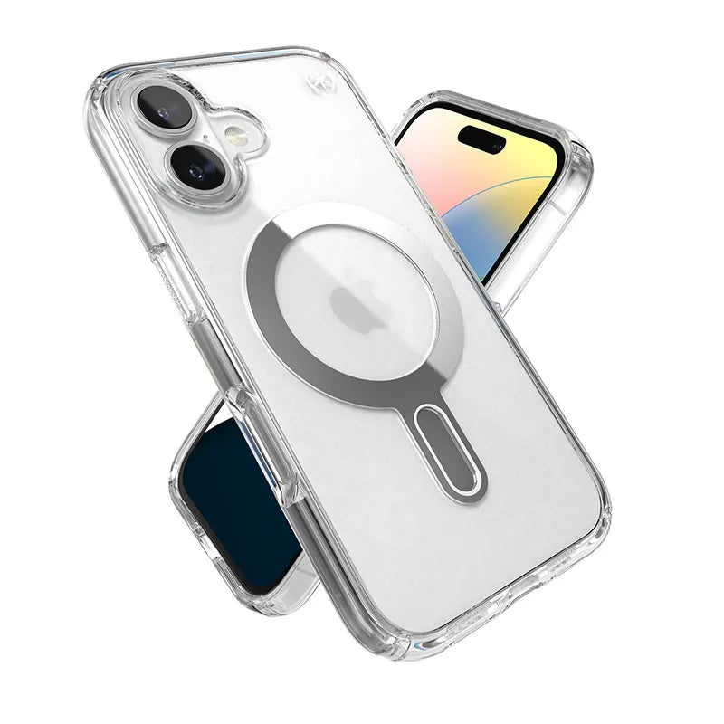 Speck Presidio Perfect-Clear ClickLock & MagSafe – dėklas iPhone 16 (skaidrus / chromo apdaila / Serene Silver)
