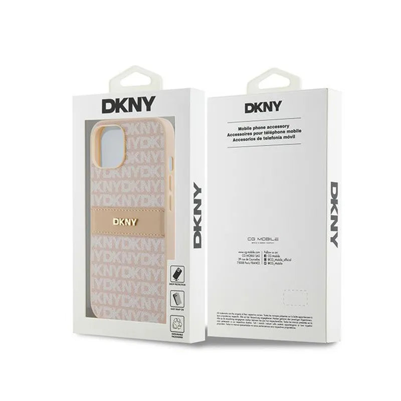 DKNY „Leather Mono Stripe & Metal Logo“ – dėklas „iPhone 14 / 15 / 13“ (rožinis)