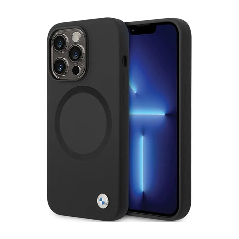 BMW Signature Liquid Silicone MagSafe dėklas, skirtas iPhone 14 Pro Max (juodas)