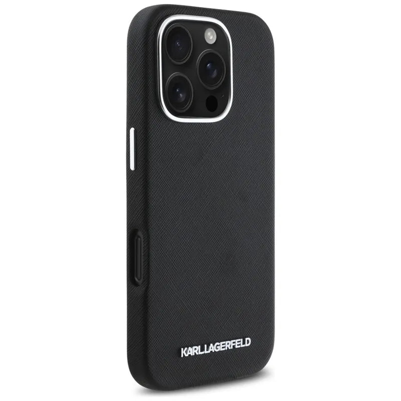 Karl Lagerfeld Saffiano Full Wrapped Elongated Metal Logo MagSafe – dėklas iPhone 16 Pro (juodas)