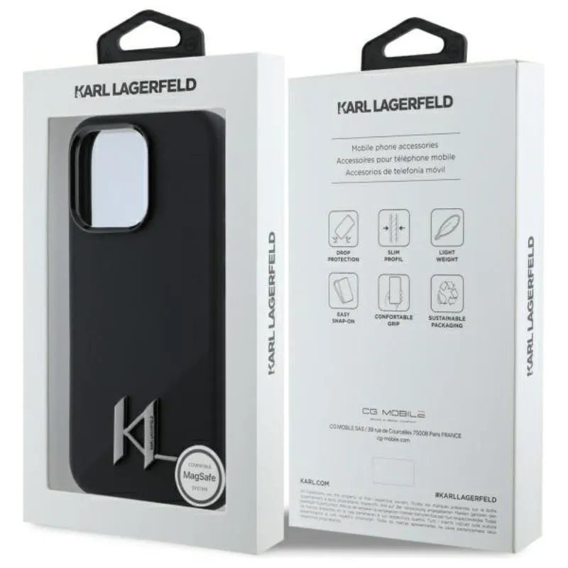 Karl Lagerfeld Silicone Shadow Metal Initial MagSafe – dėklas iPhone 16 Pro (juodas)