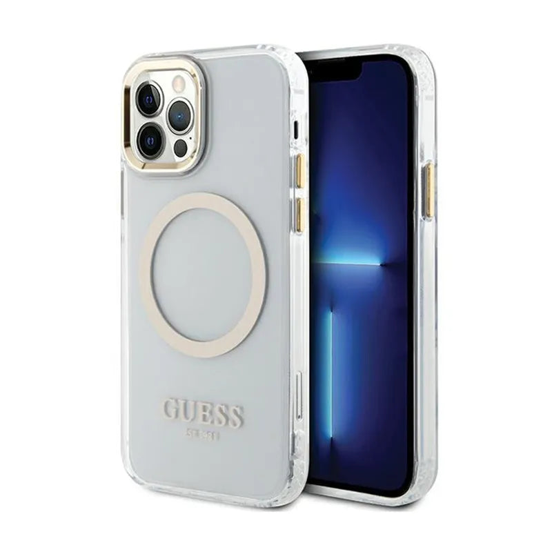 Guess Metal Outline MagSafe – dėklas iPhone 12 / iPhone 12 Pro telefonui (skaidrus / auksinis)
