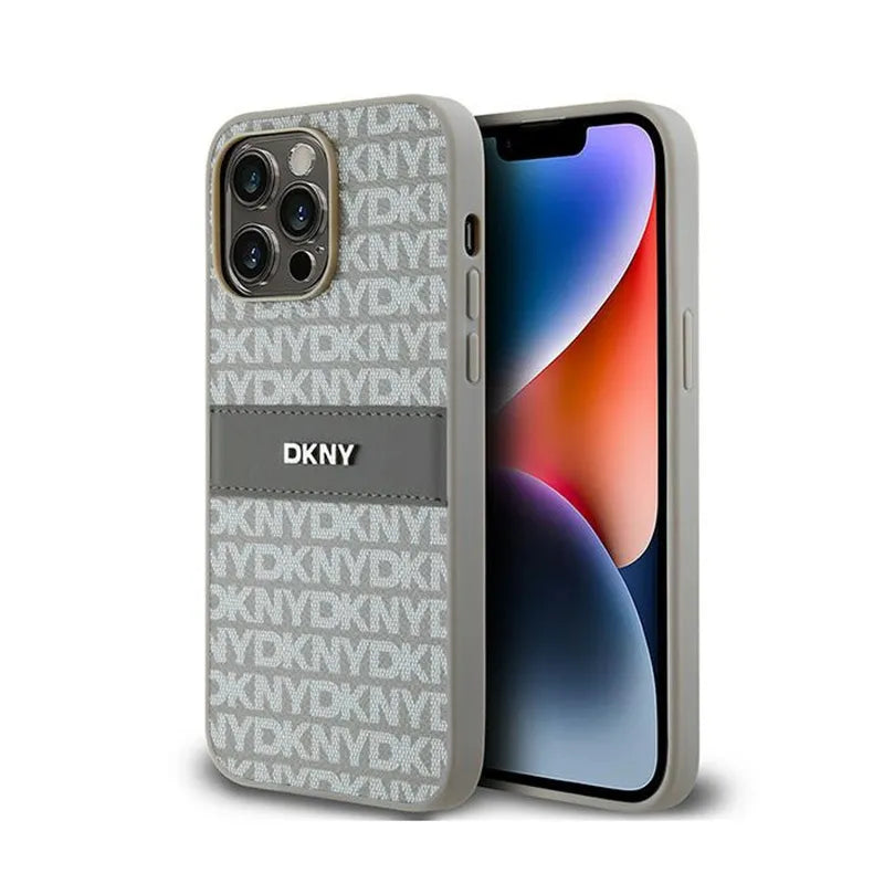 DKNY Leather Mono Stripe & Metal Logo – dėklas iPhone 14 Pro (smėlio spalvos)