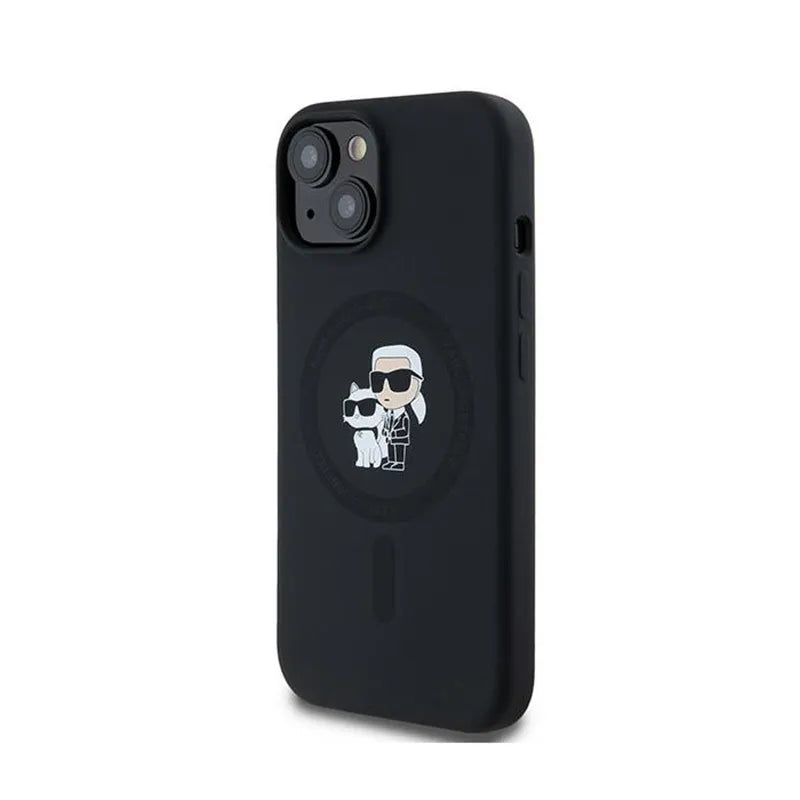 Karl Lagerfeld Silicone Karl & Choupette MagSafe – dėklas, skirtas iPhone 15 Plus / 14 Plus (juodas)
