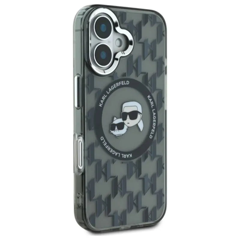 Karl Lagerfeld IML Monogram Karl & Choupette Head MagSafe – dėklas, skirtas iPhone 16 (juodas)