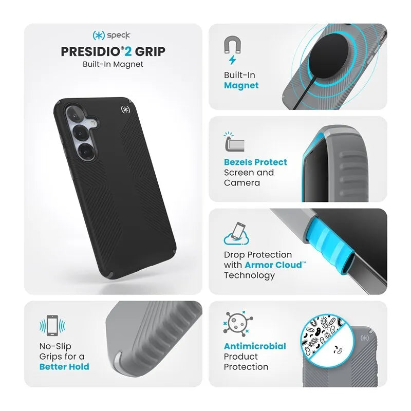 Speck Presidio2 Grip Magnet – dėklas Samsung Galaxy S25+ / 24+ su MagSafe (juodas/pilkas/baltas)