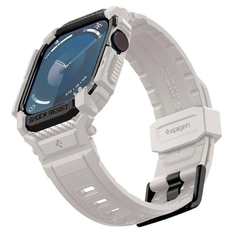 Spigen Rugged Armor Pro – dirželis su dėklu, skirtas Apple Watch 10 46 mm (smėlio spalvos)