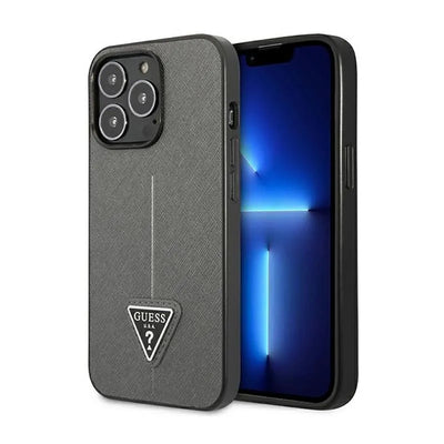 „Guess Saffiano Triangle Logo“ dėklas – dėklas „iPhone 14 Pro“ telefonui (sidabrinis)
