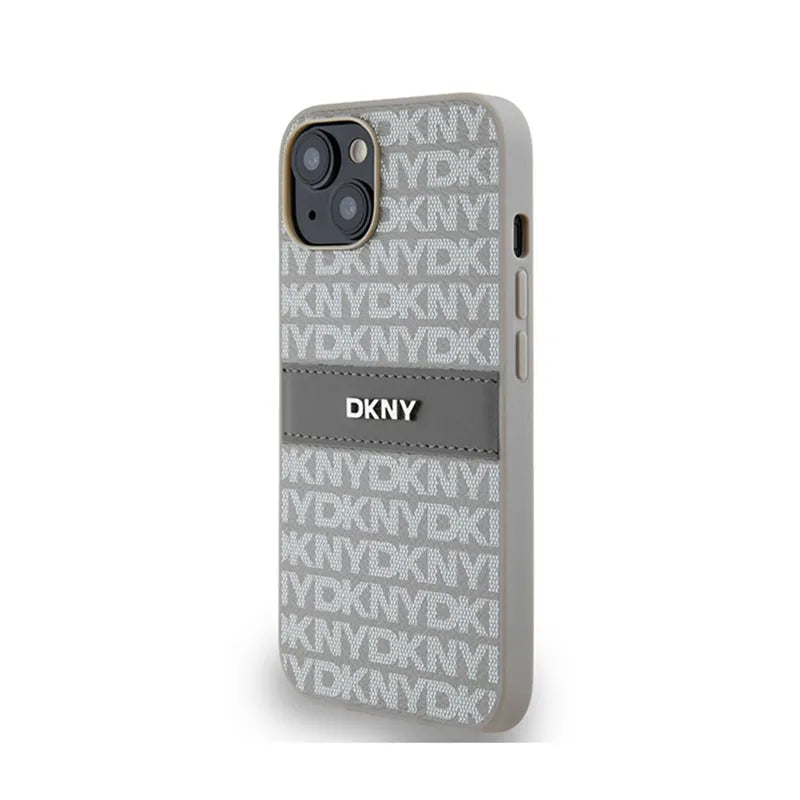 DKNY Leather Mono Stripe & Metal Logo – dėklas iPhone 14 / 15 / 13 (smėlio spalvos)