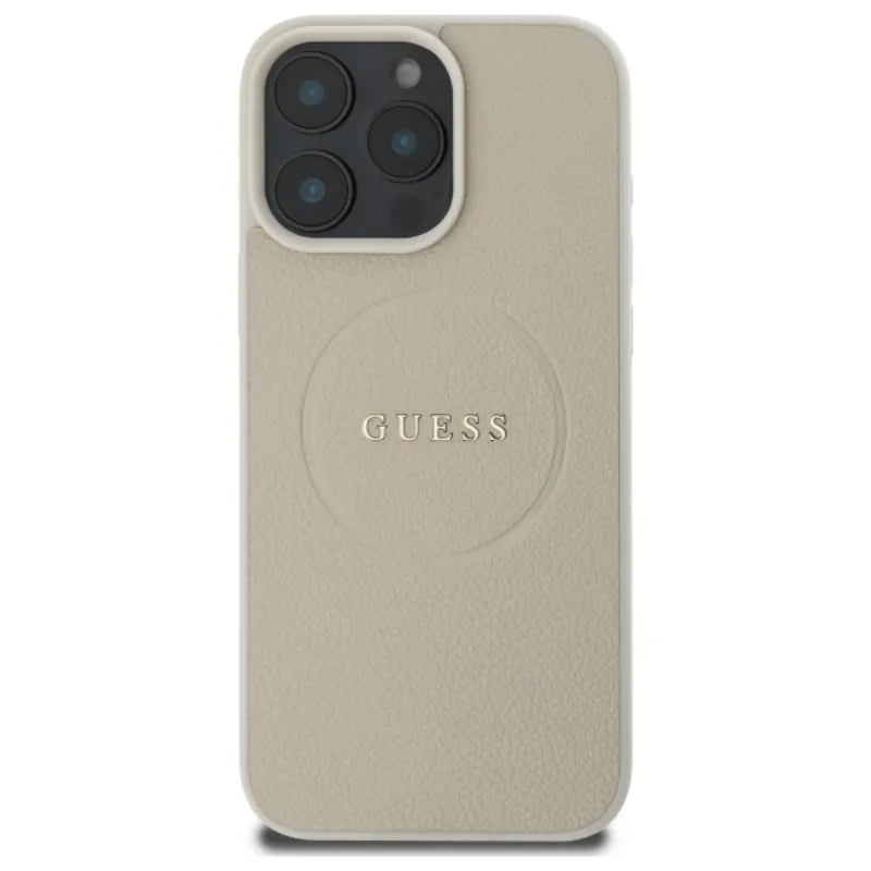 Guess Grained Ring MagSafe – Dėklas iPhone 16 Pro Max (smėlio spalvos)