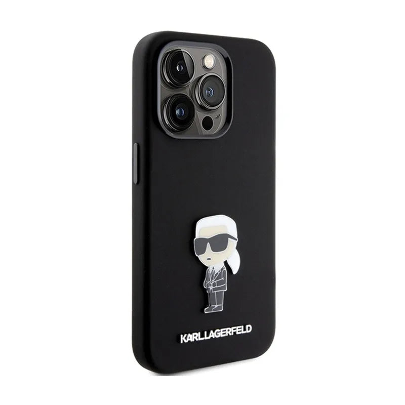 Karl Lagerfeld Silicone Ikonik Metal Pin - dėklas telefonui iPhone 15 Pro (juodas)