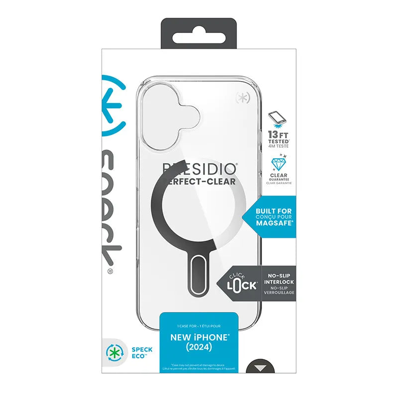 Speck Presidio Perfect-Clear ClickLock & MagSafe – dėklas iPhone 16 (skaidrus / chromo apdaila / Serene Silver)