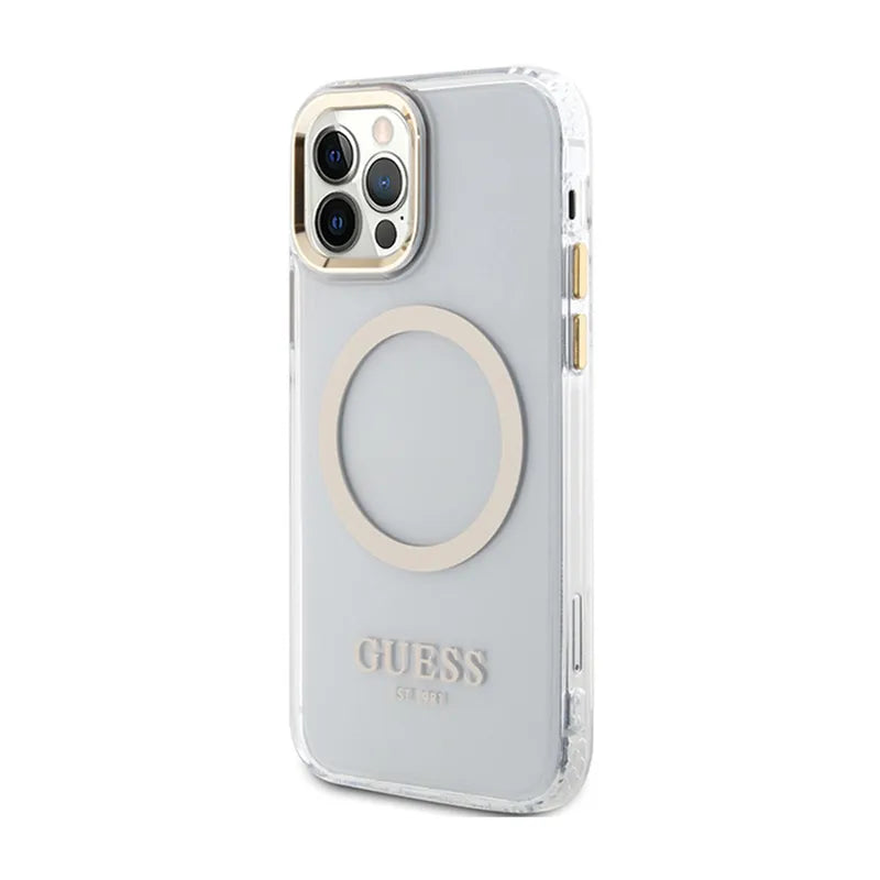 Guess Metal Outline MagSafe – dėklas iPhone 12 / iPhone 12 Pro telefonui (skaidrus / auksinis)