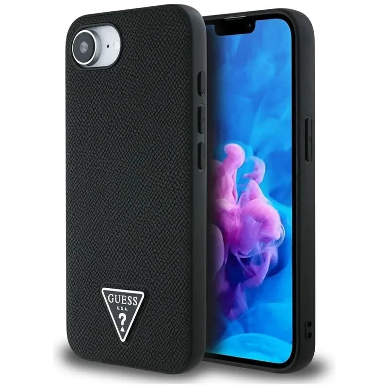 Guess Grained Triangle MagSafe – dėklas iPhone 16e (juodas)