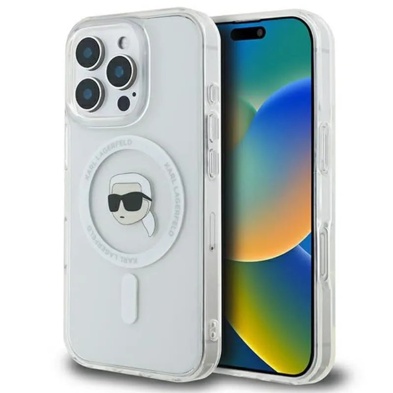 Karl Lagerfeld IML Metal Karl Head MagSafe - dėklas iPhone 16 Pro (baltas)