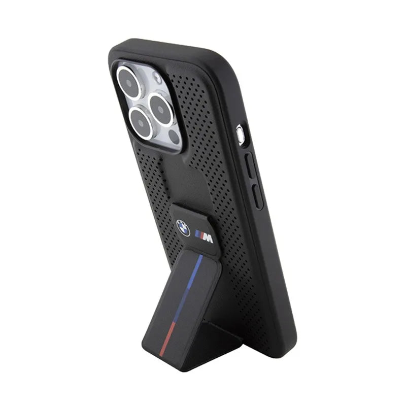 BMW Grip Stand Smooth & Perforated - dėklas iPhone 15 Pro telefonui (juodas)
