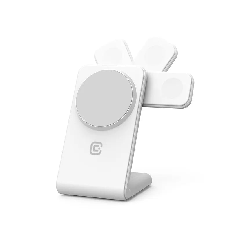 Crong MagSpot Pivot Stand - 3-in-1 belaidis įkroviklis su MagSafe skirta iPhone, Apple Watch ir AirPods (baltas)