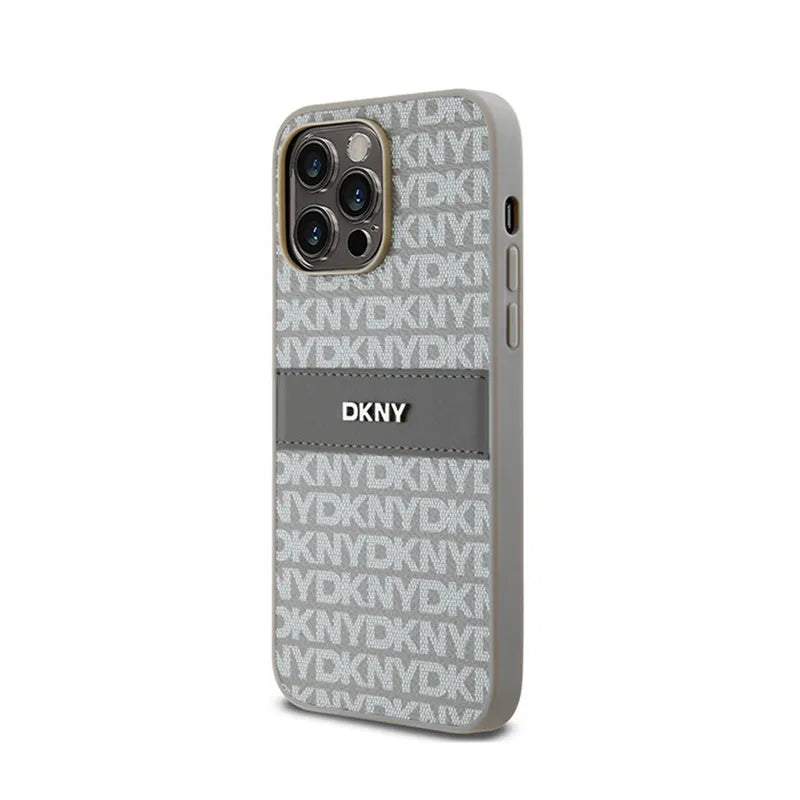 DKNY Leather Mono Stripe & Metal Logo – dėklas iPhone 14 Pro (smėlio spalvos)
