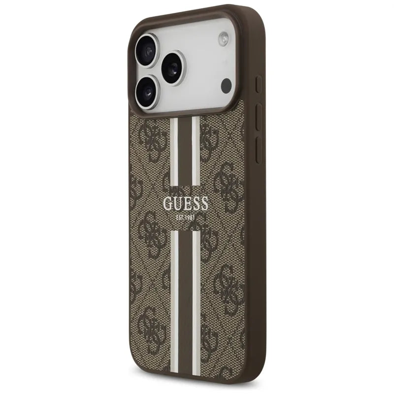 Guess 4G Printed Stripes MagSafe – Dėklas iPhone 17 Pro Max (rudos spalvos)