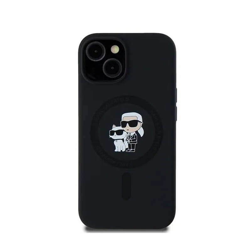 Karl Lagerfeld Silicone Karl & Choupette MagSafe – dėklas, skirtas iPhone 15 Plus / 14 Plus (juodas)