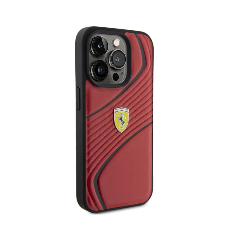 Ferrari Twist Metal Logo – dėklas iPhone 15 Pro (raudonas)