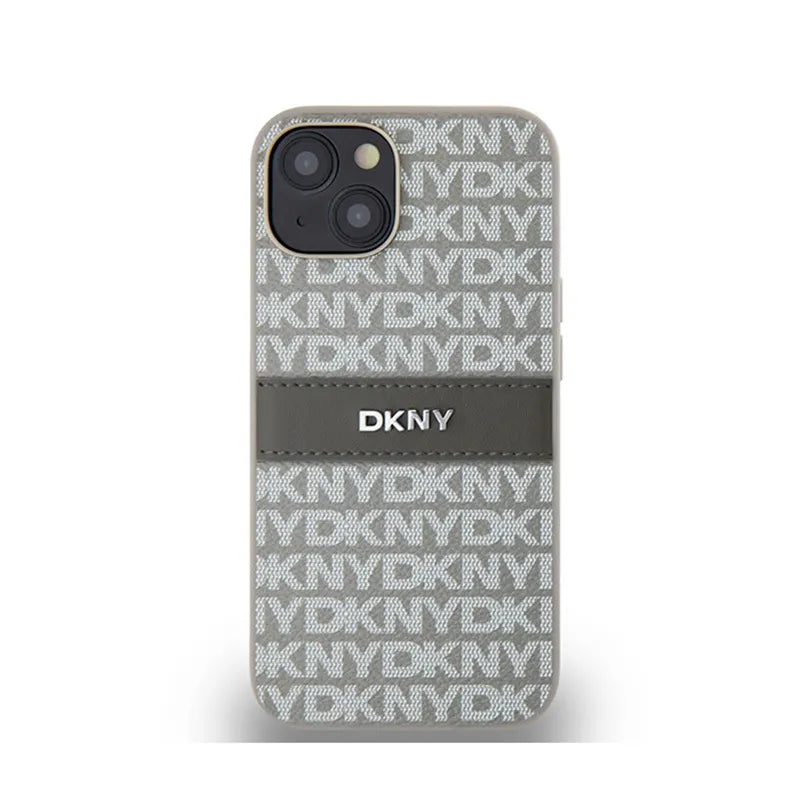 DKNY Leather Mono Stripe & Metal Logo – dėklas iPhone 14 / 15 / 13 (smėlio spalvos)