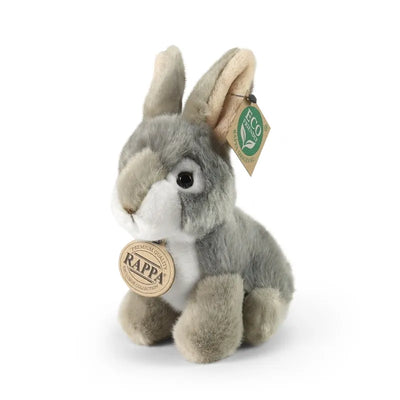 Rappa - pliušinis tikroviškas pilkas sėdintis triušis, 16 cm, ekologiškas