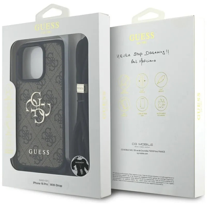 Guess 4G Big Logo Cord Strap Crossbody – dėklas iPhone 16 Pro (rudos spalvos)