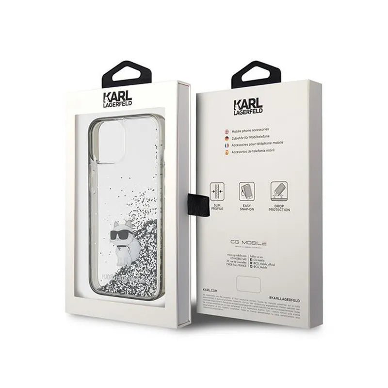 Karl Lagerfeld Liquid Glitter Choupette – dėklas iPhone 15 telefonui (skaidrus)