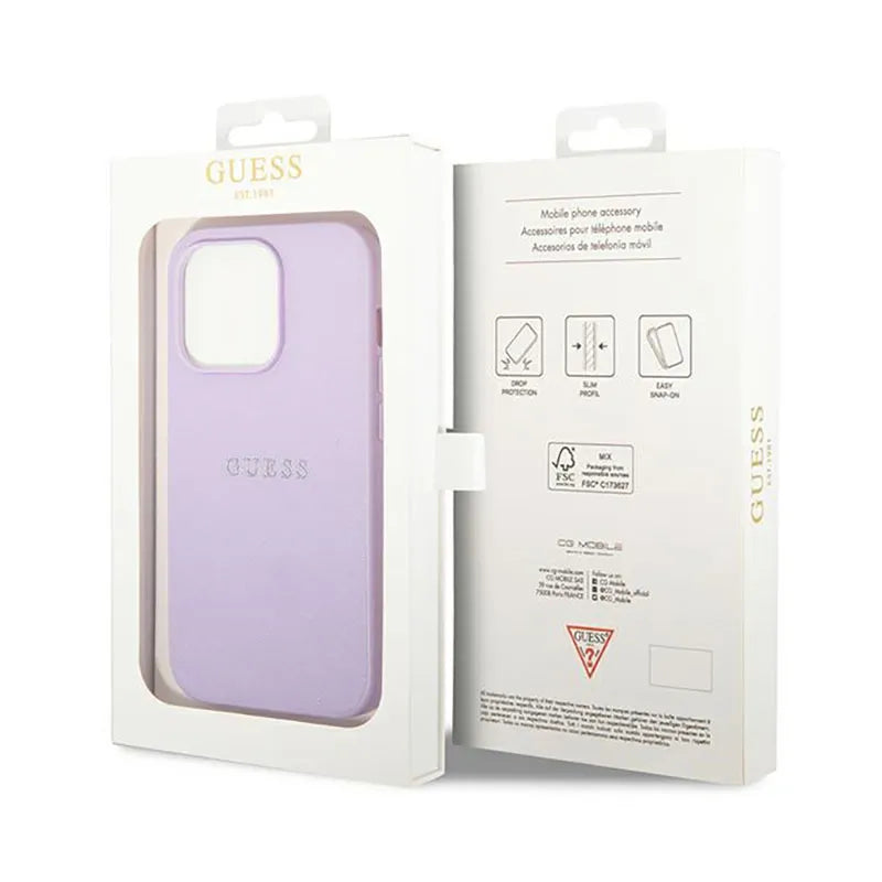 Guess Saffiano Metal Logo Stripes – dėklas, skirtas iPhone 14 Pro (alyvinės spalvos)
