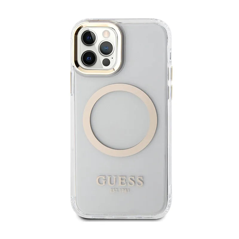 Guess Metal Outline MagSafe – dėklas iPhone 12 / iPhone 12 Pro telefonui (skaidrus / auksinis)