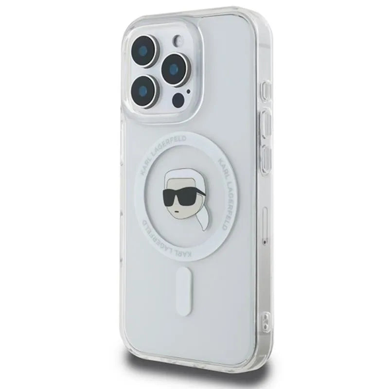 Karl Lagerfeld IML Metal Karl Head MagSafe - dėklas iPhone 16 Pro (baltas)