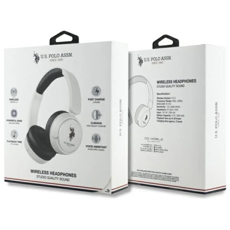 US Polo Assn DH Color Logo – belaidės ant ausų dedamos „Bluetooth V5.3“ ausinės (baltos)
