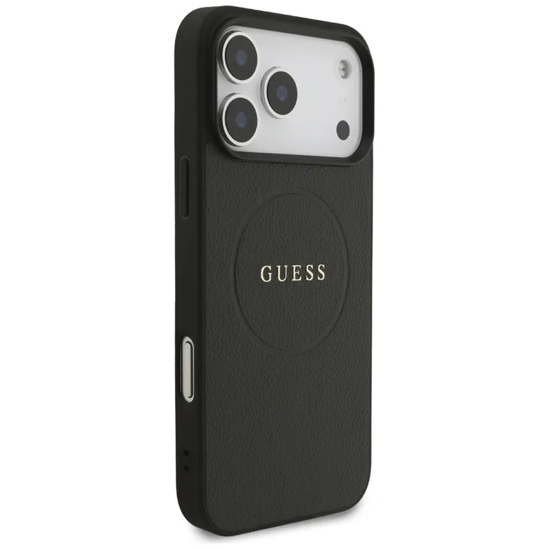 Guess Grained Ring MagSafe – Dėklas iPhone 17 Pro Max (juodas)