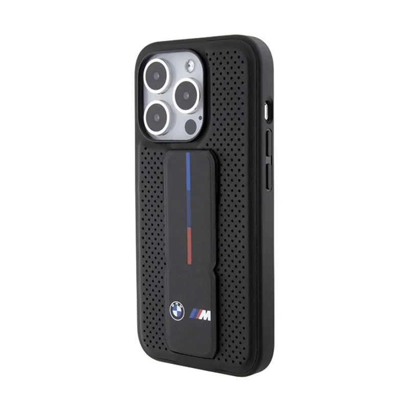 BMW Grip Stand Smooth & Perforated - dėklas iPhone 15 Pro telefonui (juodas)