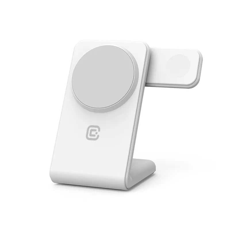 Crong MagSpot Pivot Stand - 3-in-1 belaidis įkroviklis su MagSafe skirta iPhone, Apple Watch ir AirPods (baltas)
