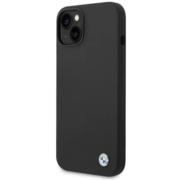 BMW Liquid Silicone Case Metal Logo dėklas iPhone 14 Plus telefonui (juodas)
