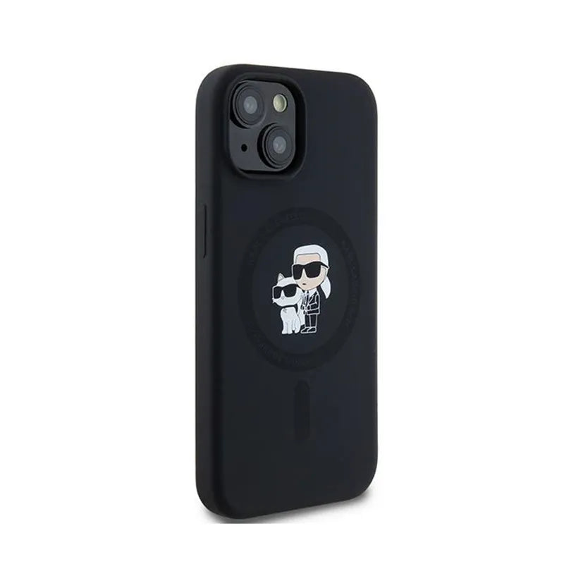 Karl Lagerfeld Silicone Karl & Choupette MagSafe – dėklas, skirtas iPhone 15 Plus / 14 Plus (juodas)