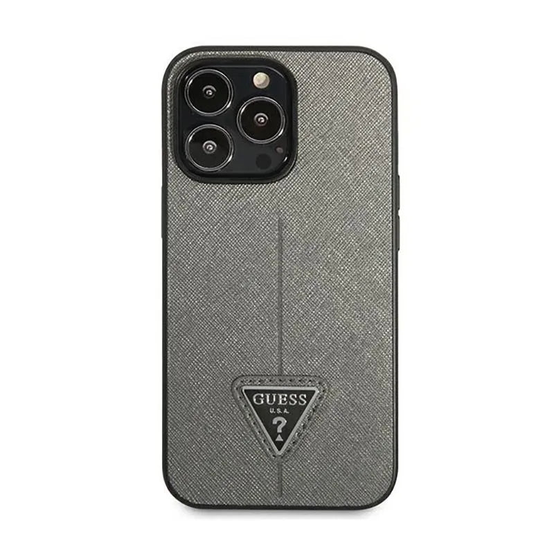 „Guess Saffiano Triangle Logo“ dėklas – dėklas „iPhone 14 Pro“ telefonui (sidabrinis)