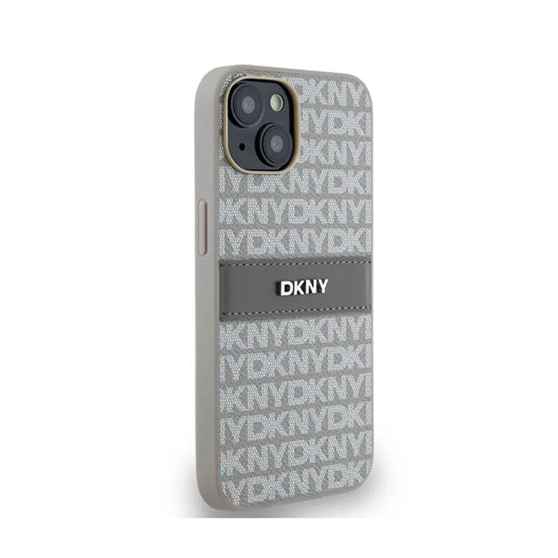 DKNY Leather Mono Stripe & Metal Logo – dėklas iPhone 14 / 15 / 13 (smėlio spalvos)
