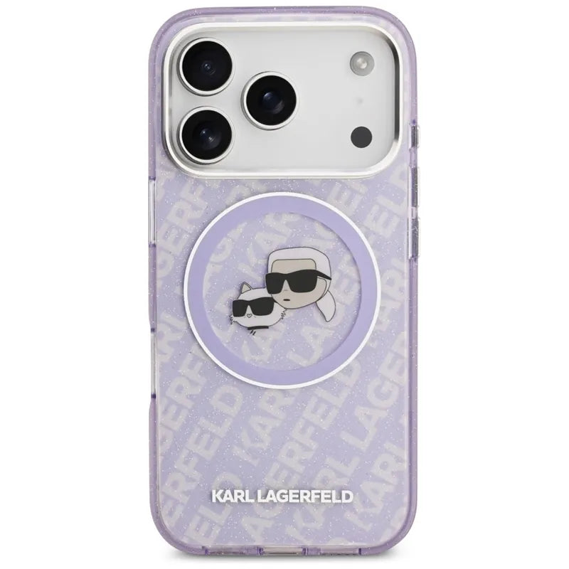 Karl Lagerfeld IML Glitter Karl & Choupette Heads Logo MagSafe - Dėklas iPhone 17 Pro (violetinis)